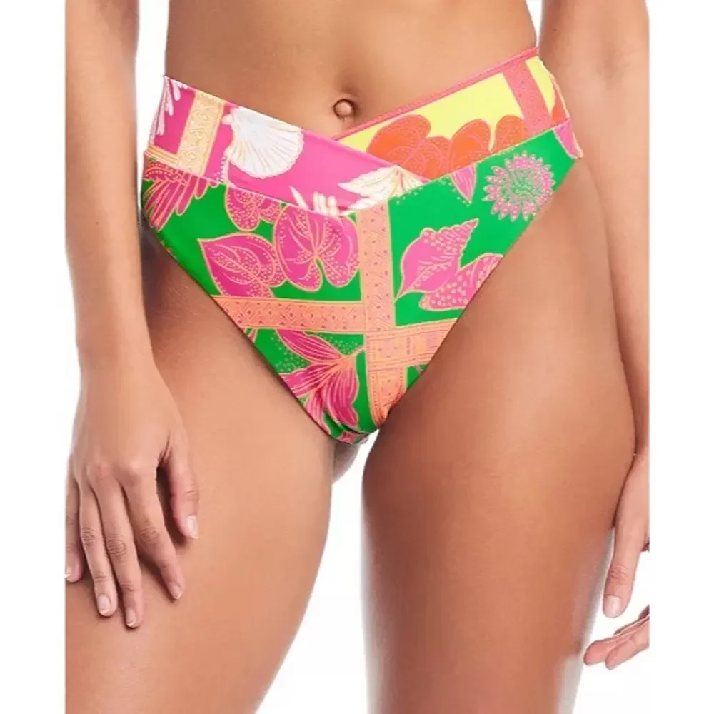 Bar III Paradise Club High Waist Bikini Bottom Green Multi Tropical Floral L NWT